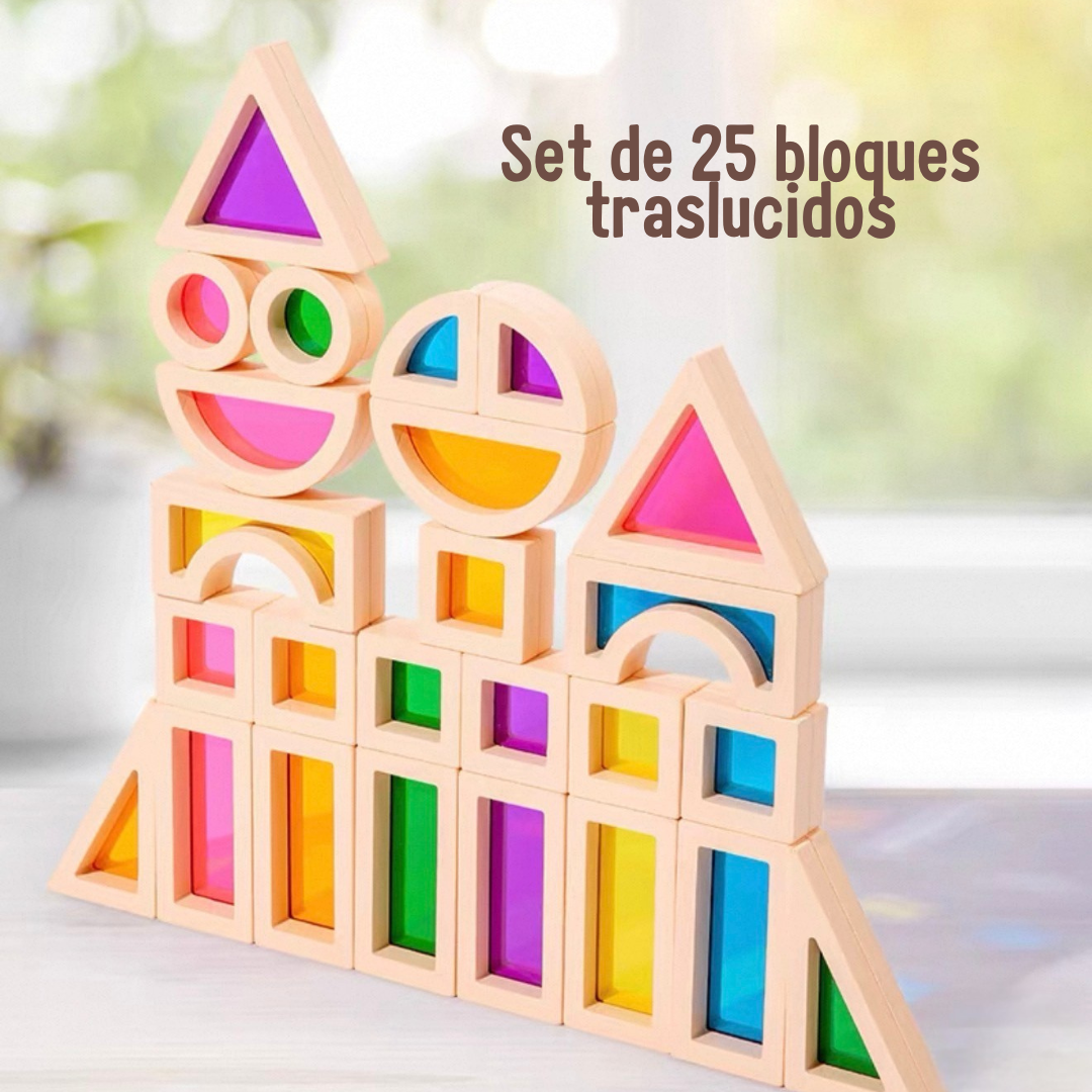 🧱✨ Set 25 piezas de Madera con Colores Translúcidos – Juego Sensorial y Creativo
