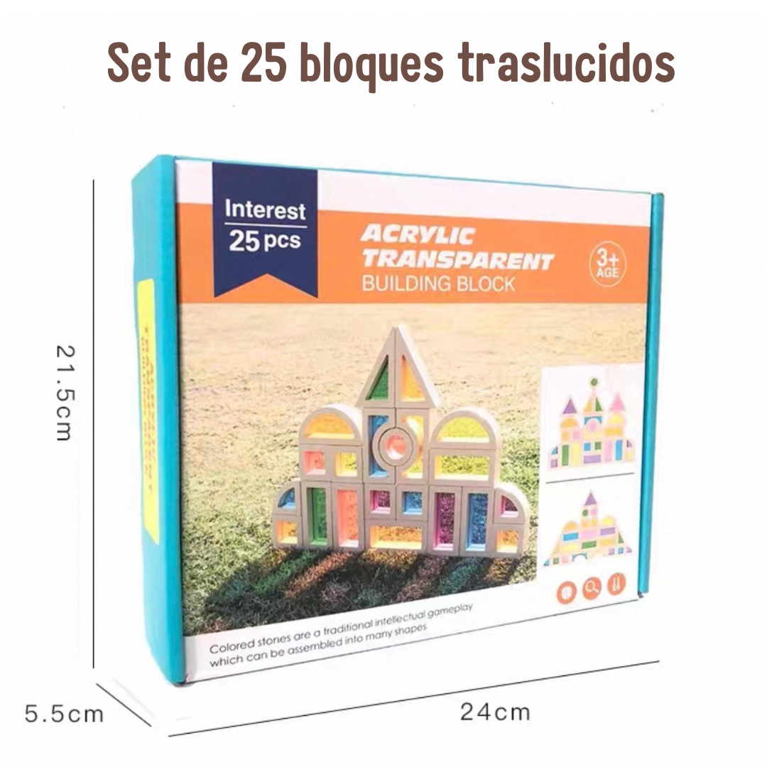 🧱✨ Set 25 piezas de Madera con Colores Translúcidos – Juego Sensorial y Creativo
