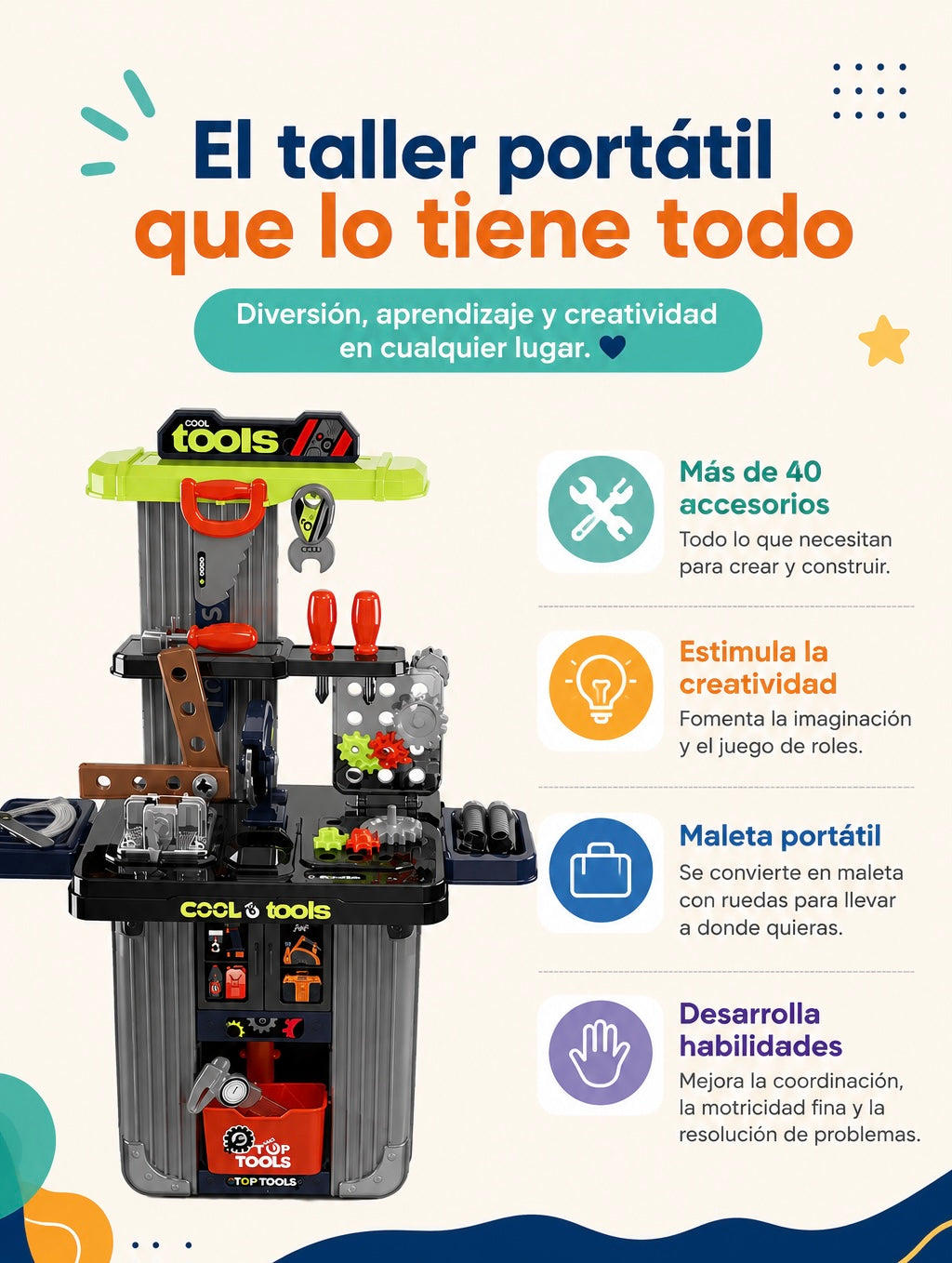 🧰 Taller de Herramientas Infantil 3 en 1 – Maletín Portátil Cool Tools 👷‍♂️✨