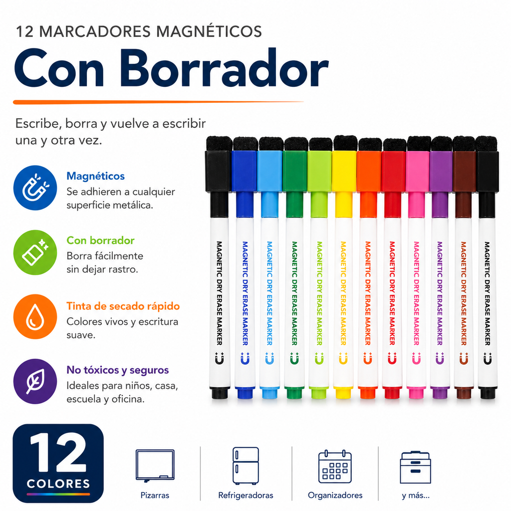 Set de 12 Marcadores de Pizarra - Magnéticos con Borrador Integrado