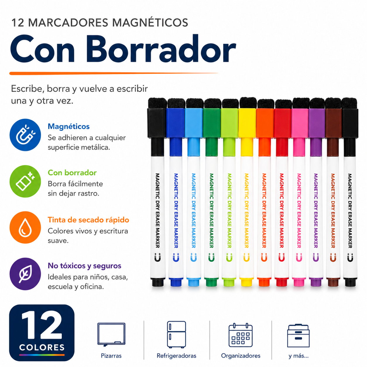 Set de 12 Marcadores de Pizarra - Magnéticos con Borrador Integrado