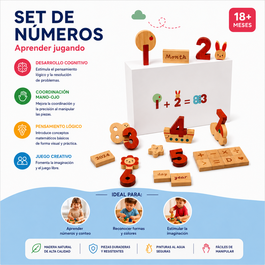 🔢🌿 Set de Números de Madera Montessori – Matemáticas Tempranas