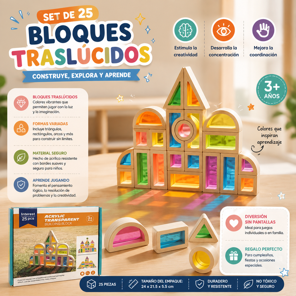 🧱✨ Set 25 piezas de Madera con Colores Translúcidos – Juego Sensorial y Creativo