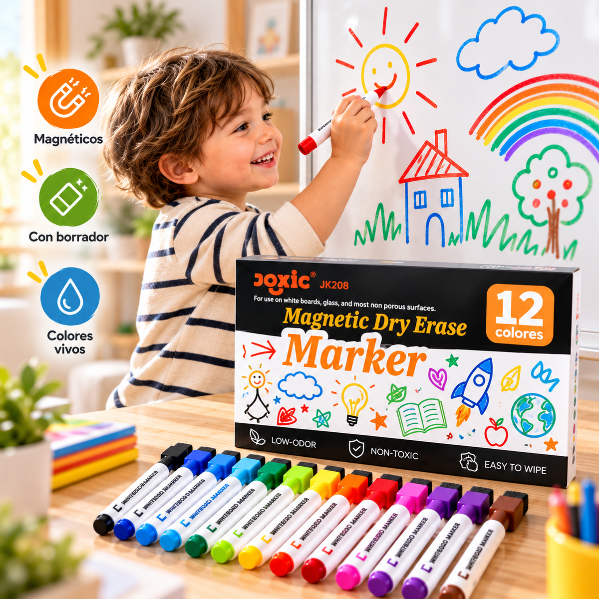 Set de 12 Marcadores de Pizarra - Magnéticos con Borrador Integrado