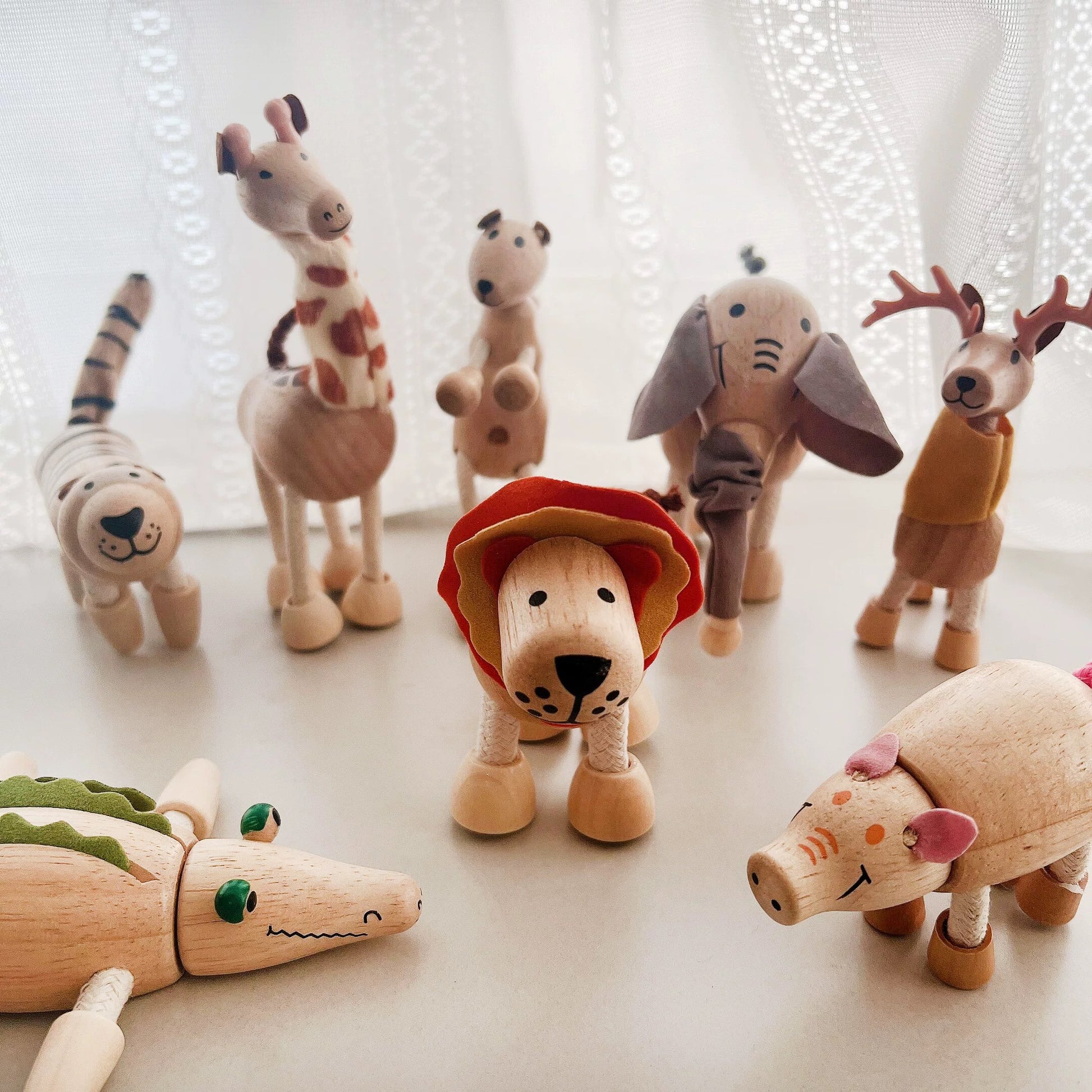 🐯🦒🦁 Set de 4 Animales Articulados de Madera